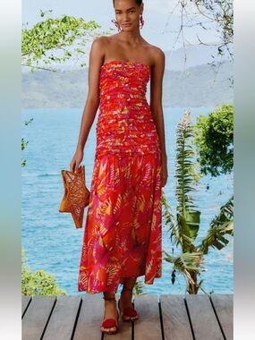 Farm Rio NWT Flying Birds Orange Colorful Strapless Midi Dress Size M